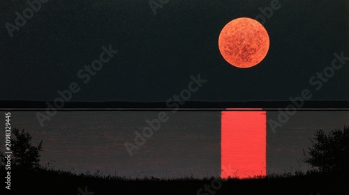 Blood moon glows red over dark water, casting vibrant reflection on horizon