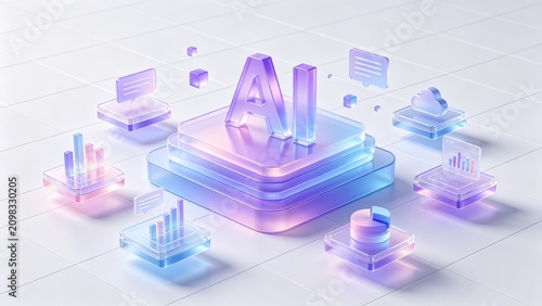 3D AI platform with cloud, analytics and business data icons, idea for artificial intelligence, machine learning, automation software, digital transformation, technology presentation