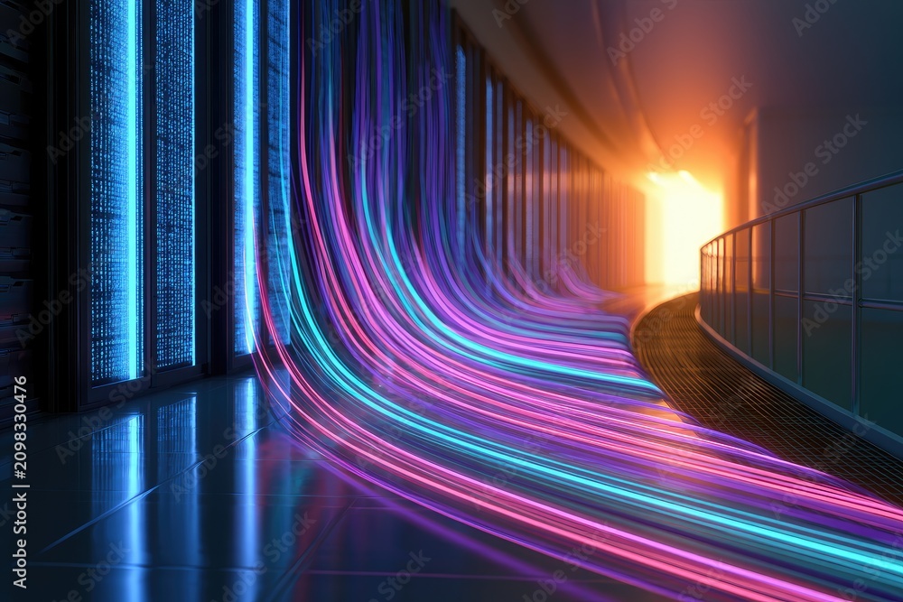Data flow in futuristic server room with glowing neon lines