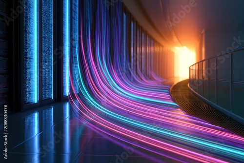 Data flow in futuristic server room with glowing neon lines