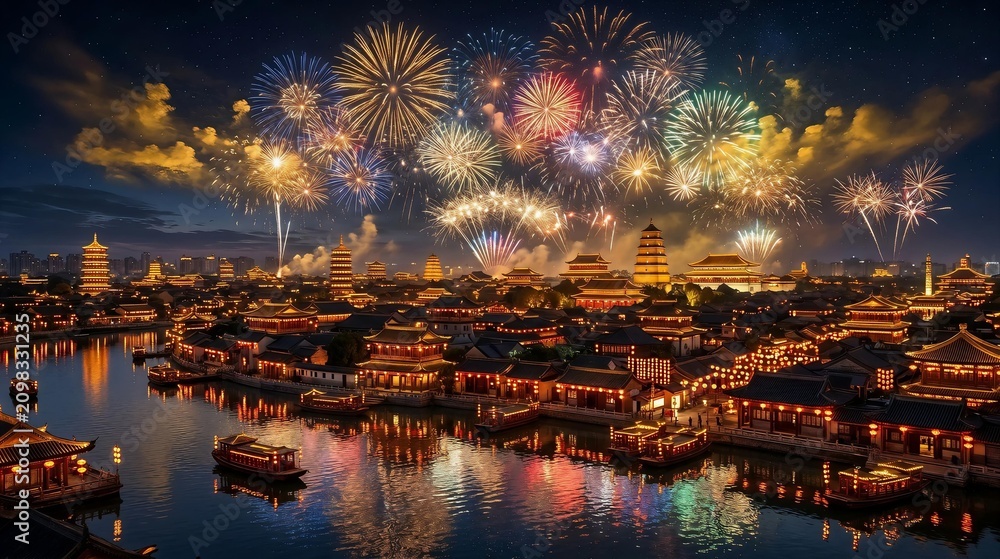 Naklejka premium Night Panorama of China's Old Town with Festive Fireworks and Boats on the River 