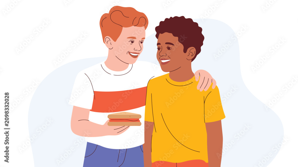 Fototapeta premium Happy diverse boys embracing affectionately, sharing a friendly moment with a delicious sandwich