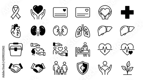 Foto Organ Donation Awareness and Transplant Care Black and White Vector Icon Set Fea