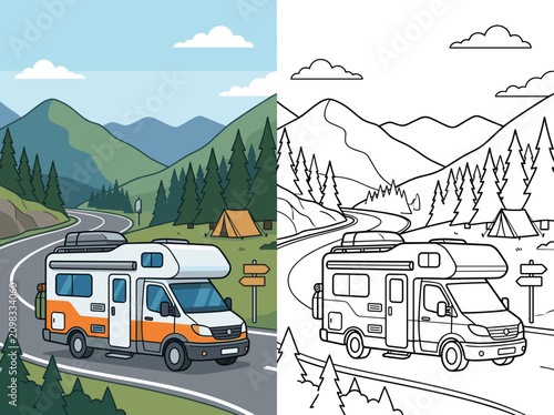 A clean vector illustration featuring a modern orange and white recreational vehicle driving along a winding road for travel concepts