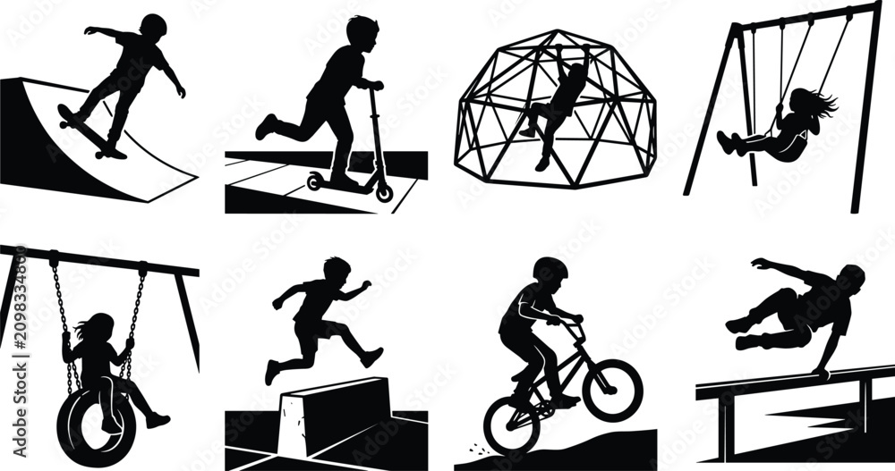 Obraz premium Kids Playground Activities Silhouette Set with Skateboarding Scooter Cycling and Outdoor Play