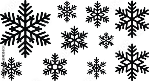 Принти на полотні Minimalist black snowflake icons set, winter crystal vector silhouettes, 10 deco