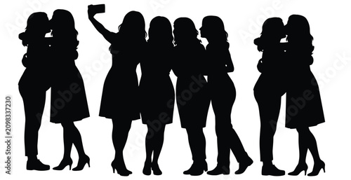 Group of women silhouettes taking a selfie and hugging in a friendly social gathering.