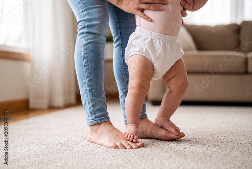 Mother holding her babys hands while the infant takes their first steps on a carpeted floor