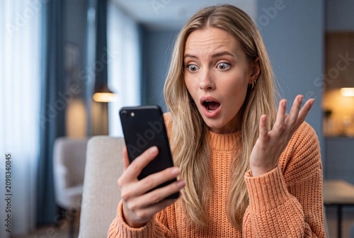 Shocked young woman looking at her smartphone with an expression of surprise and disbelief