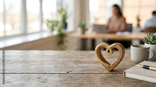 Wooden Heart Decor Placed on an Office Desk with a Blurry Background of Professionals Working in a Collaborative Workspace Environment