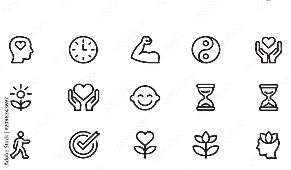 Fototapeta premium Icons for well-being, health, and positive emotions like happiness, love, strength, time, and growth, vector graphics.
