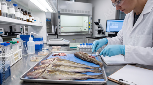 Marine fish undergoing contamination testing in laboratory environment for microplastic and pollution research