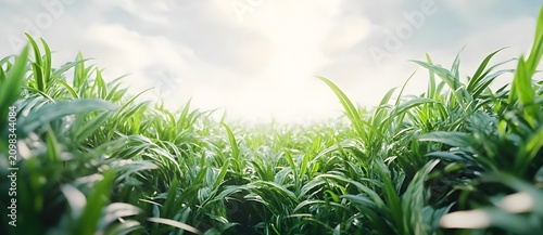 Lush Green Grass Field Under Bright Sky