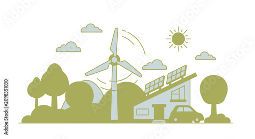 Sustainable green energy concept vector, eco friendly house with solar panels and wind turbine, renewable power sources for electric car and smart home, environmental conservation