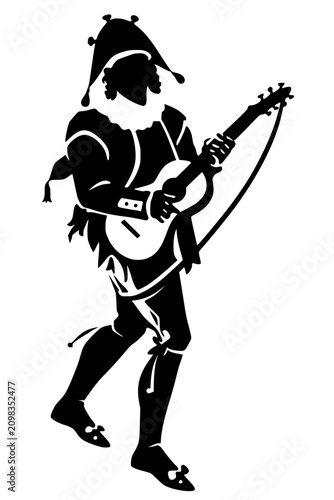Cuadro en lienzo Bold black silhouette of a medieval jester playing a lute in a lively dancing pose, minimalist illustration perfect for Renaissance, music, entertainment, and historical themes
