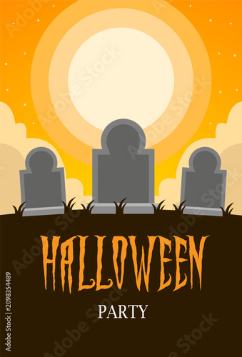 Halloween party poster orange sun clouds dark background three grey tombstone shapes.