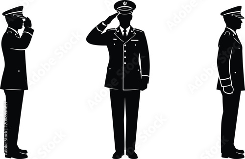 Military salute icons, officer saluting, army soldier silhouettes, honor gesture, respectful military staff, patriotic pose, uniformed characters
