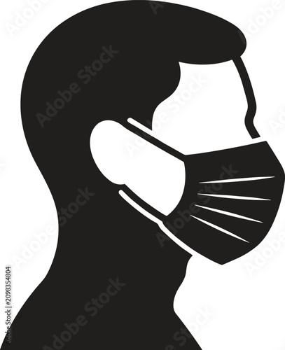 Profile silhouette of person wearing medical face mask, health safety protection, disease prevention, virus pandemic, medical icon concept,