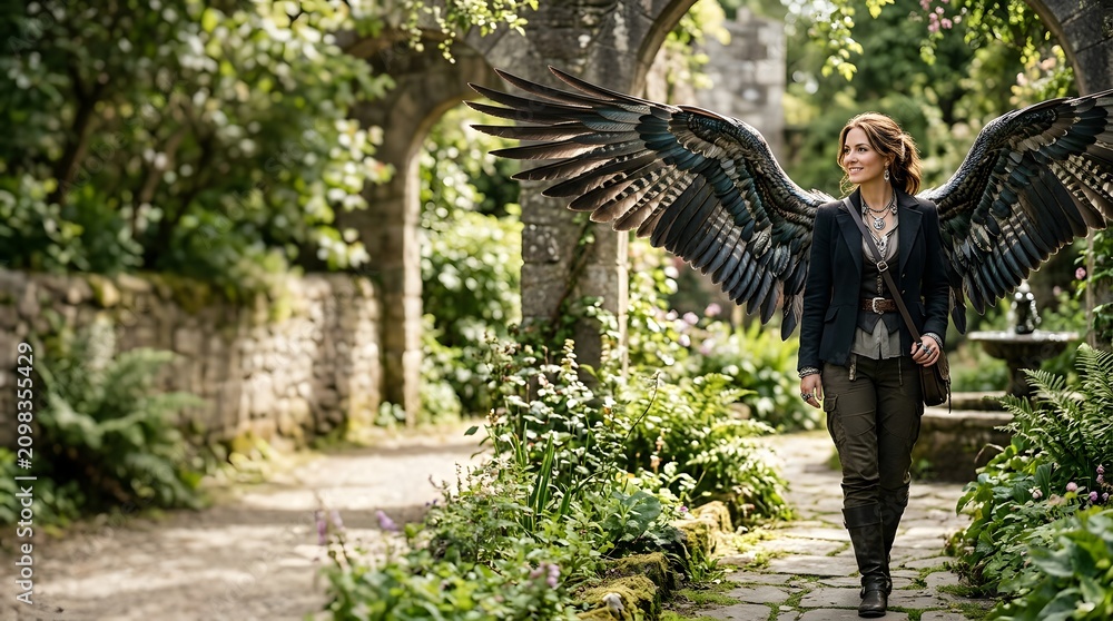 Obraz premium Elegant woman with large majestic dark feathered wings walking through a serene ancient garden path during a sunny day