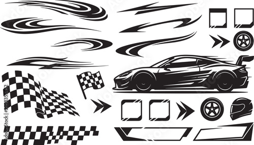 Foto Collection of racing car stickers, checkered flags, wheels, and racing stripes f