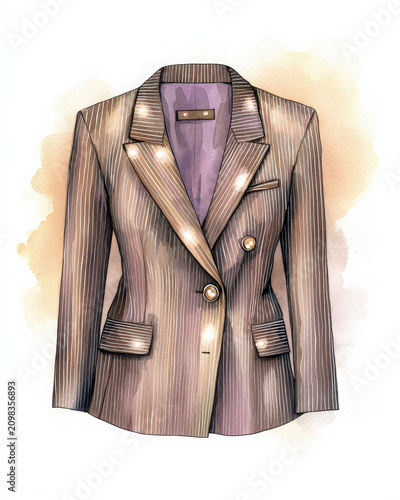 Metallic blazer watercolor jacket fashion retro structured bronze lapel elegant apparel illustration with soft wash