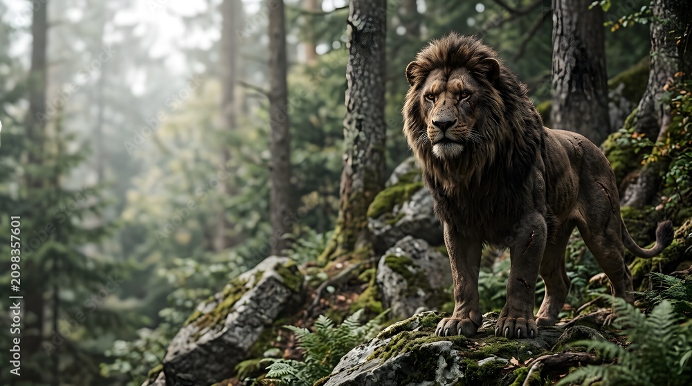 Obraz premium Majestic Male Lion Standing Proudly Upon a Mossy Rock Formation in a Dense Foggy Forest Wilderness Setting