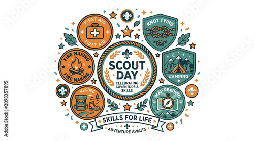 Festive scout day badge collection featuring essential outdoor adventure skills and camping icons in a clean vector illustration