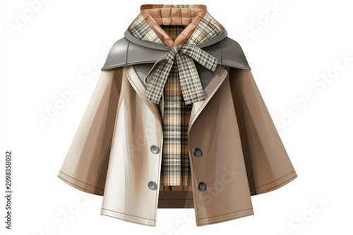 Cape coat plaid hood scarf beige brown metallic flat illustration of structured cape coat with layered fabric, stylish outerwear