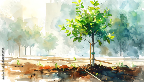 Young Tree Planted in Soil Environment.