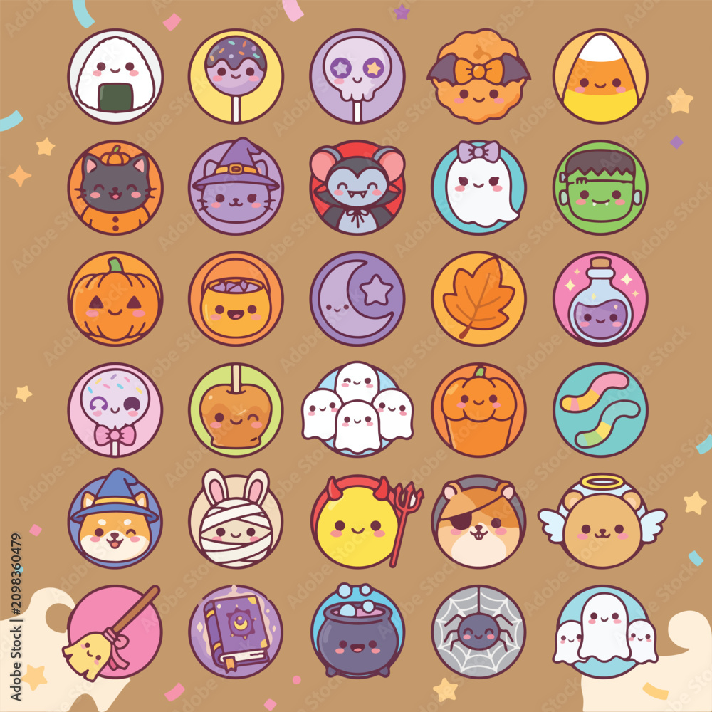 Obraz premium Cute Halloween Round Character Sticker Collection Vector Set