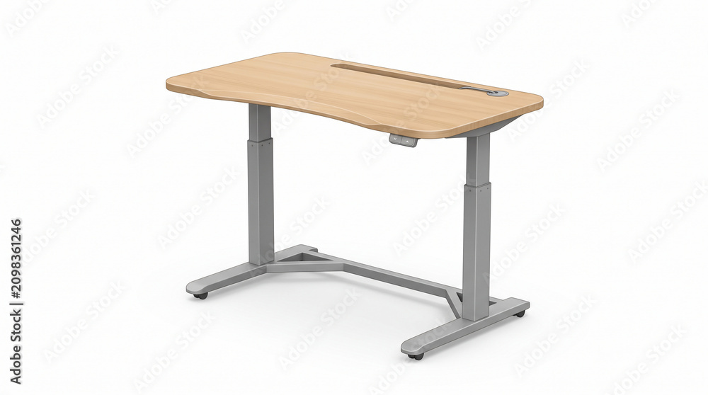 Fototapeta premium Modern adjustable standing desk with wooden surface and silver metal legs.