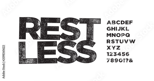 Restless. Distressed Condensed Typeface. Heavyweight bold style scratch textures. Suitable typography for hardcore bands, metal gigs, and underground poster art.