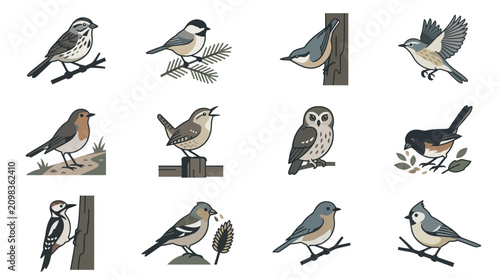 Photos Realistic bird species illustrations in forest settings.