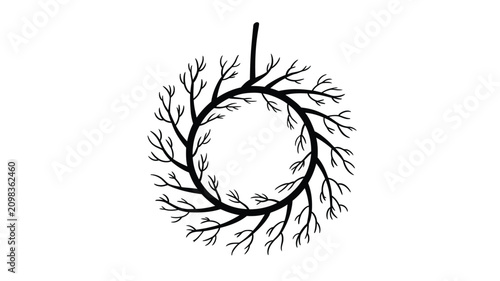Simple black silhouette of a circular wreath formed by intertwined bare tree branches hanging down