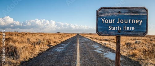Your Journey Starts Here Sign on Open Road Leading Through Dry Grasslands Under a Blue Sky