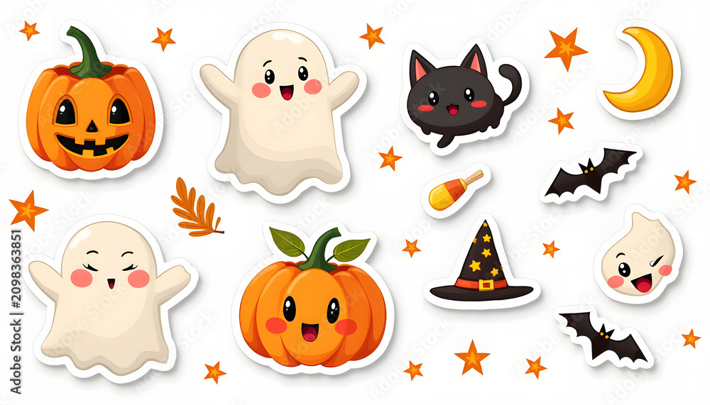 Obraz premium Cute Halloween Sticker Set with Ghost and Black Cat