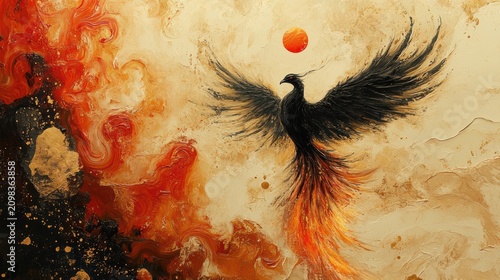 Majestic Black Phoenix Rising from Fiery Embers with Golden Accents and Sun
