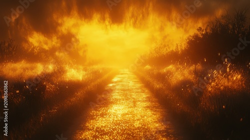 Golden Pathway Through Fiery Sunset Landscape with Dramatic Clouds