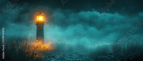 Mysterious Lighthouse in Foggy Night Landscape with Glowing Light and Stars