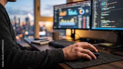 Person typing on computer keyboard in front of dual monitors with cityscape