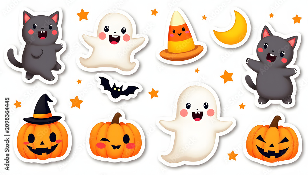 Naklejka premium Cute Halloween Sticker Set with Cat Ghost and Candy Corn