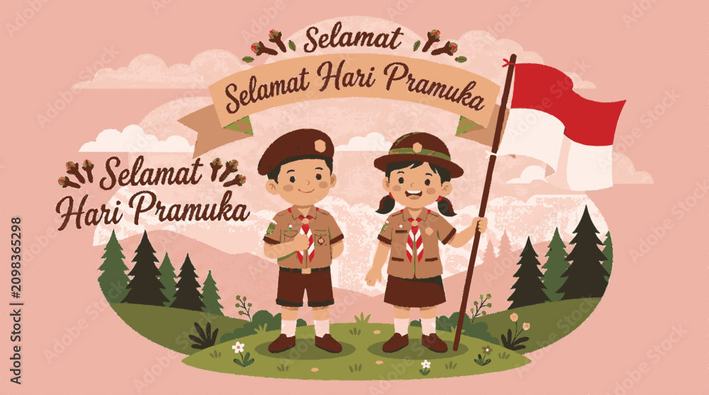 Fototapeta premium Charming flat vector illustration of two young scouts celebrating indonesian scout day with a flag in a scenic forest landscape