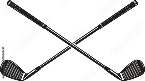 Crossed golf clubs icon, professional iron clubs design, equipment for golf game, sports symbol, isolated monochrome graphic element, club.