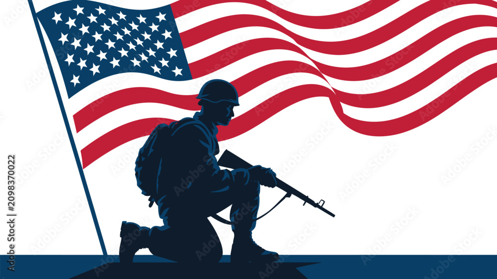 Fototapeta premium Kneeling military soldier silhouette with rifle in hand against waving American flag