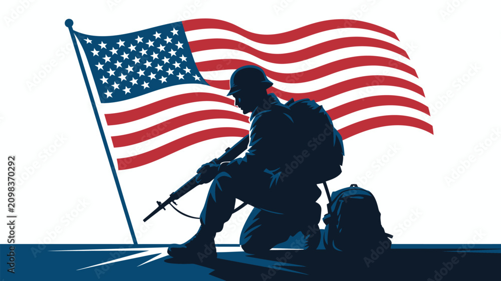 Fototapeta premium Kneeling soldier silhouette holding a rifle under a large waving United States flag