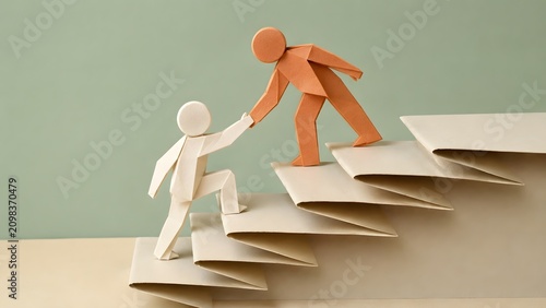 Origami paper figures helping each other up folded paper stairs showing creative teamwork and design mentorship