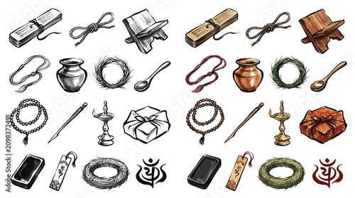 Foto Collection of traditional Indian cultural and religious objects, presented in a dualistic style with color and monochrome versions