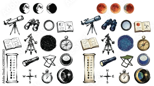 Photos Collection of astronomical objects and tools for stargazing and space exploration