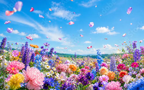 Vibrant spring meadow with drifting petals, colorful spring flowers