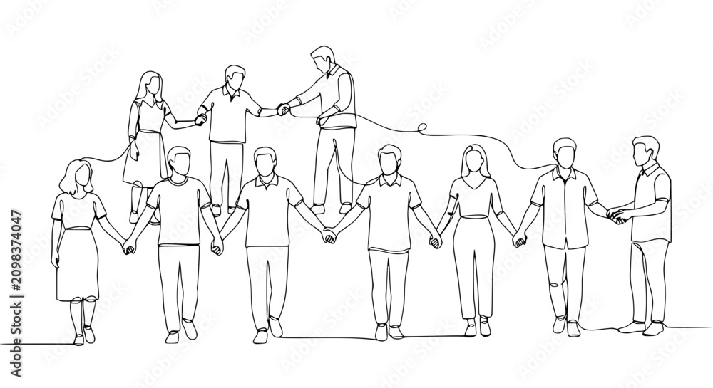 Obraz premium Diverse group holding hands, connected, team, unity, support, community, abstract line art